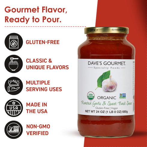24 oz (Pack 3 Dave's Gourmet Organic Roasted Garlic & Sweet Basil Pasta Sauce, of Jars) - Vegan & Gluten-Free Pasta