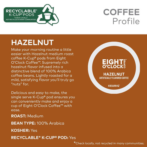 60 Count Eight O'Clock Coffee Hazelnut, Single-Serve Coffee K-Cup Pods, Medium Roast