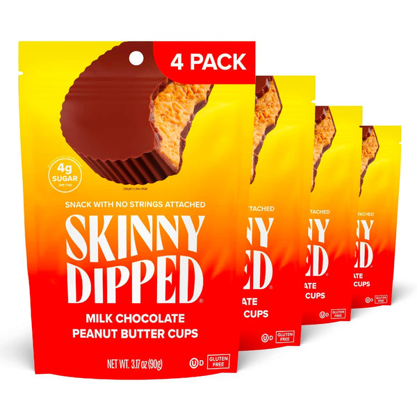 SkinnyDipped Milk Chocolate Peanut Butter Cups, Low Sugar, Gluten Free, 3.2oz Bag, 4 Pack (24 Cups Total)