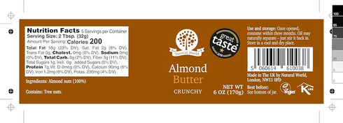 6 Oz (170g) 100% Nutural World - Crunchy Almond Nut Butter Great Taste Award Winner - Pure Single Ingredient