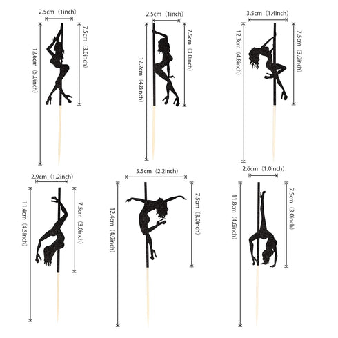 36 PCS Pole Dance Girl Cupcake Toppers - Black Glitter Picks for Bachelorette, Bridal Shower, Birthday Party