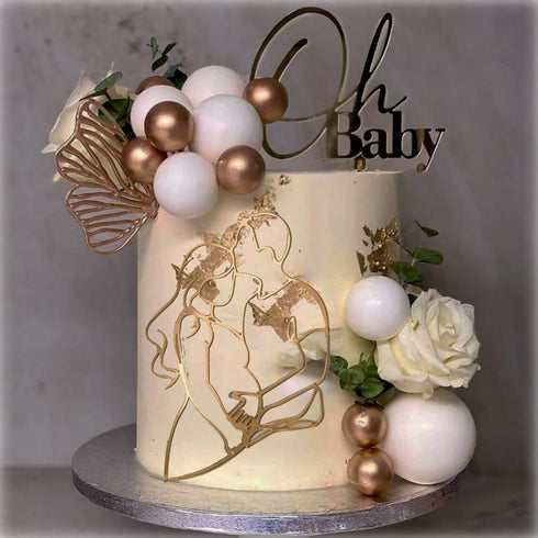 lvbeybc 2PCS Gold Oh Baby Cake Topper with Pregnant Silhouette,Pregnant Mom Dad Couple Design,Gender Reveal Cake