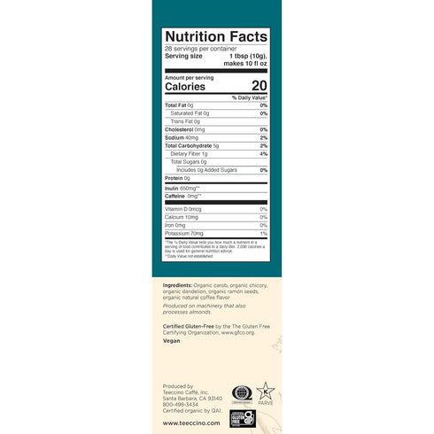 Teeccino Dandelion Dark Roast Herbal Coffee, Caffeine-Free Alternative with Prebiotics, 10 oz