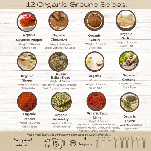 Set 12 (12, Organic Spice and Seasoning Basic Starter includes Organic Spices: Cayenne | Cinnamon | Cumin | Garlic |