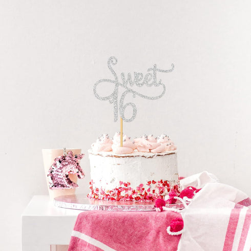 Silver Glitter Sweet 16 Cake Topper - Happy 16th Birthday, 16th Anniversary Party Decoration Supplies