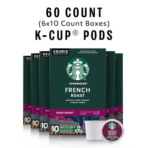60 Starbucks K-Cup Coffee Pods, Dark Roast Hot or Iced Coffee, French Roast, Keurig Pods