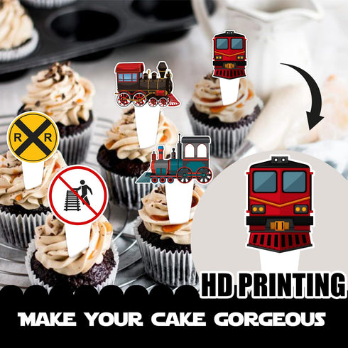 Uwaikin set 24pcs Dessert Cupcake Topper Cheer to Transportation Train Railroad Crossing Theme Decor Supplies Baby