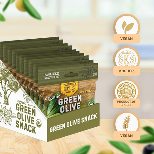 1.1 Oz (Pack 24) Organic Green Pitted Olive Snack by Natures Greatest Foods Ready to Eat, Freshly Seasoned, Low Calorie