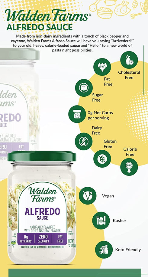 Walden Farms Light Alfredo Sauce, 12 oz. Jar (2 Pack) - Vegan, Keto Friendly, Perfect for Chicken, Pasta & More