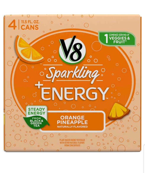 V8 8.4 Oz 4 Count +Energy Sparkling Healthy Energy Drink, Natural Energy from Tea, Orange Pineapple, Can