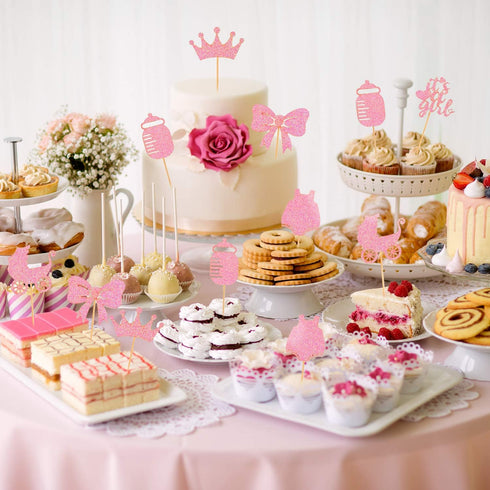 48 Pieces Baby Shower Cupcake Toppers for Girls, Glitter Pink Baby Girl Food Picks