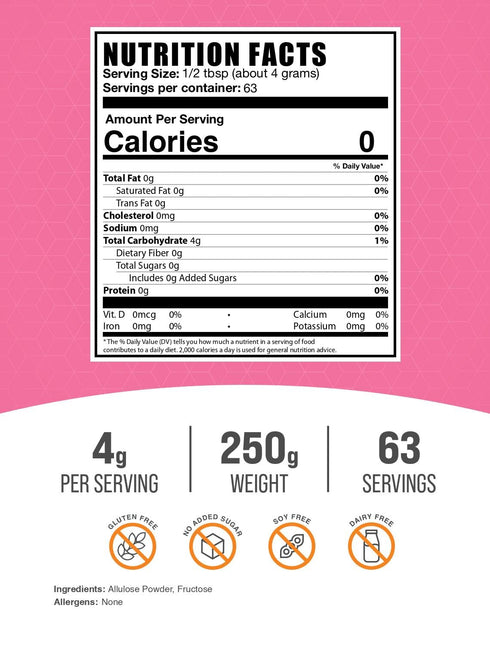 4g 250g (8.8 oz) (Pack 1) BulkSupplements.com Allulose Powder - Allulose Sweetener, Sugar Substitutes for Baking, Sugar