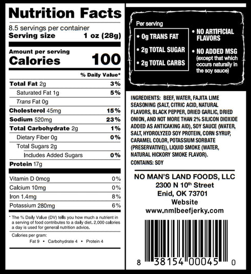 8.5oz No Mans Land Beef Jerky - Fajita Lime | Slow-Dried, Smoked & Seasoned Jerky Strips | High Protein, Low Carb, Low