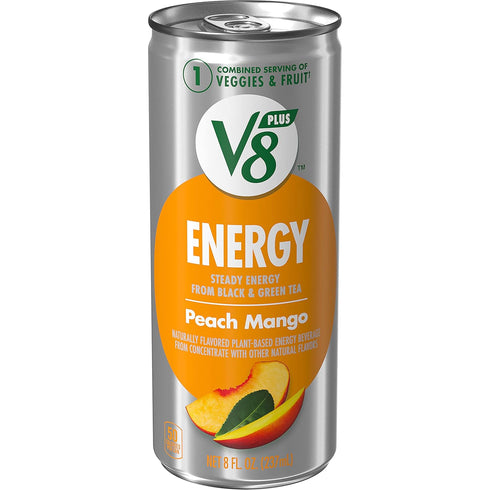 V8 +Energy Peach Mango Juice Energy Drink, 8 fl oz Can (Pack