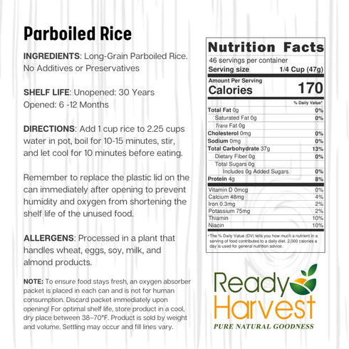 #10 30-Year 4 lbs Ready Harvest Emergency Food - Parboiled White Rice | Survival Food | Pantry Staples | Can | Shelf