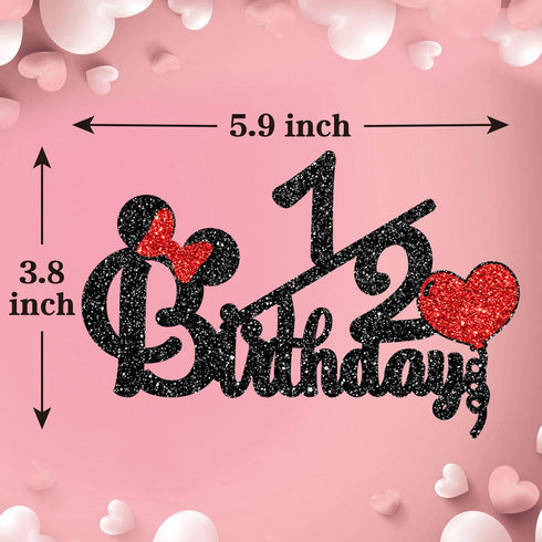 Happy 1/2 Birthday Cake Topper - Black and Red Glitter Mouse Theme Baby Shower Sign for 6 Months Birthday Party