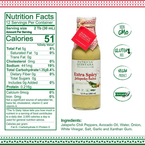 Patricia Quintana Extra Spicy Jalapeño Salsa, 12 oz, 2 Bottles, Authentic Mexican Ingredients