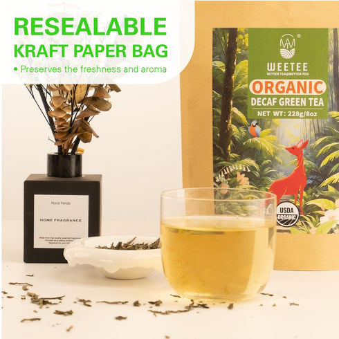 110+ CO2-Decaffeinated 228g /8oz WT WEETEE Organic Decaf Green Tea Loose Leaf, Cups, Made of Green Tea Leaves