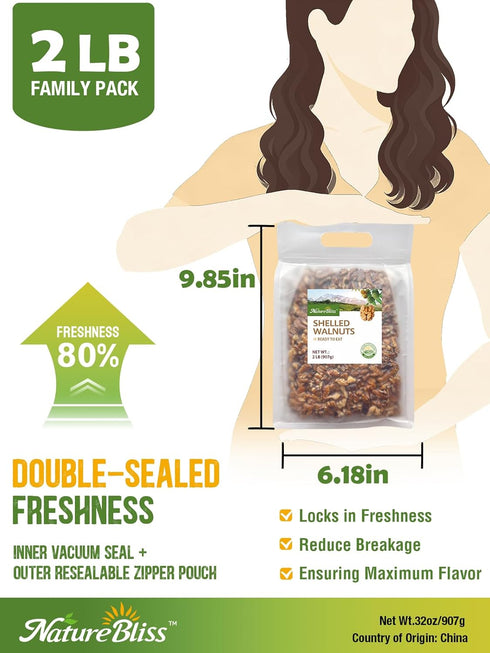 2LB 90% NatureBliss Raw Walnut Halves & Pieces, Premium Skin-On Walnuts, Whole Halves & Vacuum-Sealed for Freshness