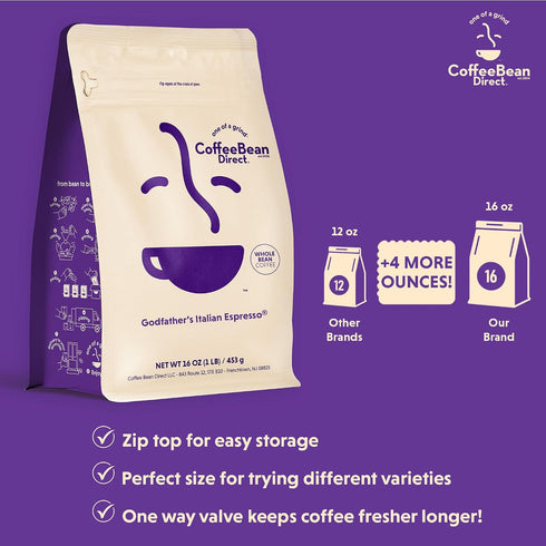 1 (Pack 1) Coffee Bean Direct Godfathers Italian Espresso, Whole Bean Coffee, Handcrafted Blend, Dark Roast, Pound Bag