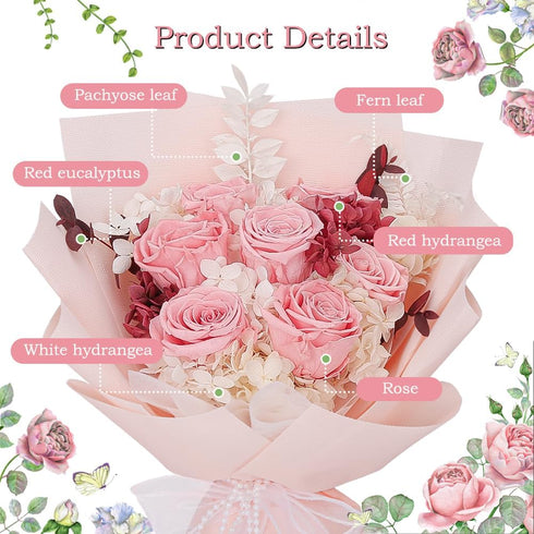 NIUBILITY Preserved Flowers Bouquet, Pink Rose Flowers Gift for Valentine's Day, Mother's Day, Anniversary, Birthday