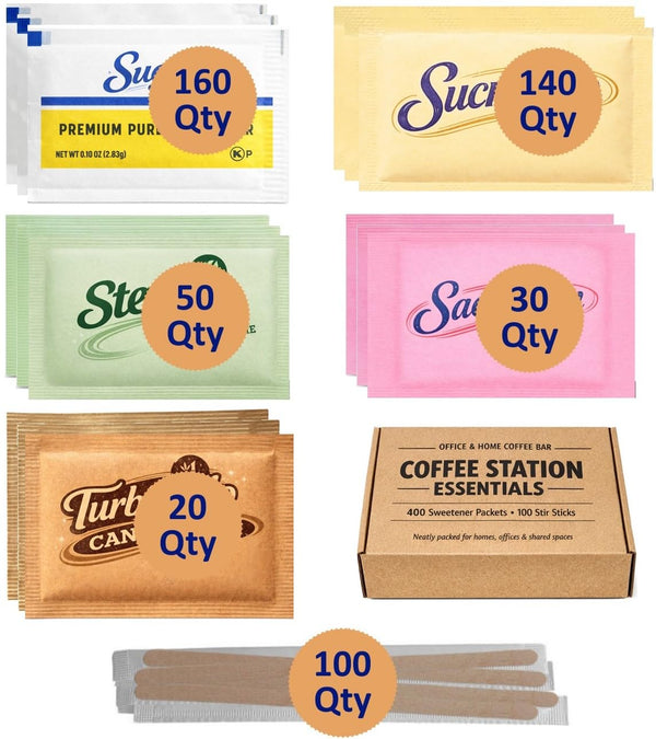 Coffee Station Essentials 400 Sweetener Packets + 100 Stir Sticks Sugar, Sucralose,