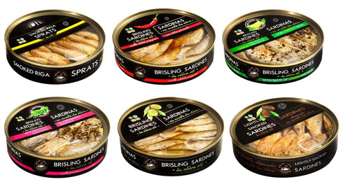 (pack 10), Packed, Omega-3, 5.6 oz Grilled Catch Wild-Caught Baltic Brisling Sardines (Sprats) in Olive Oil with Chili