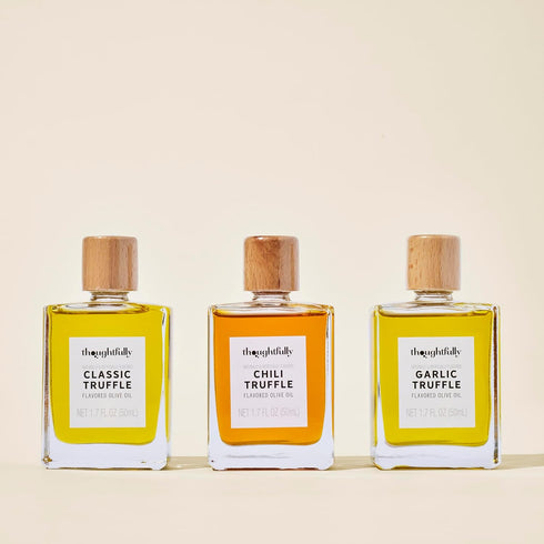1.7 oz Set 3 Thoughtfully, Truffle Oil Trio, Includes Classic, Garlic, and Chili Truffle Infused Olive Oil in Glass