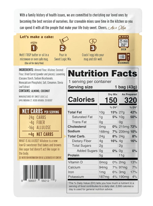 Sweet Logic Keto Dessert Mug Cake Mixes - Carrot Cake - Low Sugar, Gluten-Free, Low Carb, Diabetic-Friendly (4 Pack)