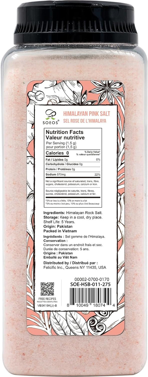 39oz (2.4 LB), Soeos Himalayan Pink Salt, Fine Grain, Non-GMO Himalayan Salt, Kosher Salt, Pink Himalayan Sea Salt