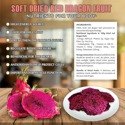 5.29 Oz (150g) SOFT DRIED RED DRAGON FRUIT VIETFARMFOOD: Convection dried fruit, pure natural sweetness without sugar
