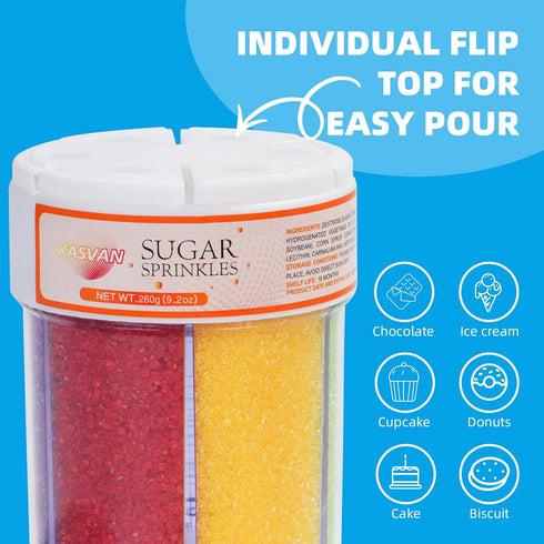 KASVAN 9.2oz 6 Edible Sanding Sugar Sprinkles, Rainbow Sugar Sprinkles, Colors Pink Blue Purple Yellow Green Red