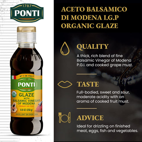 8.82 oz Ponti Organic Glaze with Balsamic Vinegar of Modena, Grape Must Italian Organic Balsamic Vinegar Glaze
