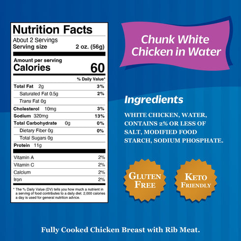 11g 5 oz (Pack 24) Sweet Sue Canned Chicken Breast with Rib Meat in Water - Protein per Serving - Gluten Free, Keto