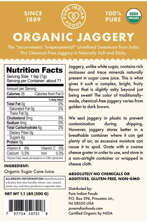 2-Pack 1.1 lb (1kg Pure Indian Foods Organic Jaggery Sugar - Known as Gur, Gud, or Panela - Raw Gluten-Free Wholesome