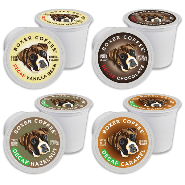 Boxer Coffee Swiss Water Decaf Cozy Classics Variety Naturally Flavored Pods compatible