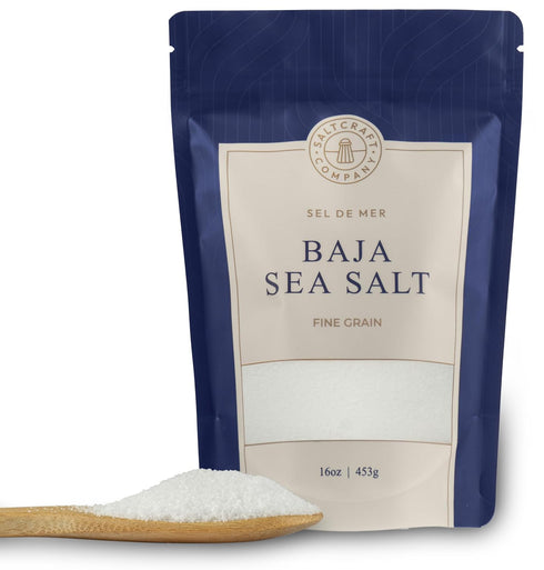 30% 16 oz SALTCRAFT Baja Sea Salt Fine Grain, Kosher Certified, Lower Sodium, Unrefined Mineral Salt Bag