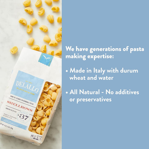 Shellbows 1 7 Pack, DeLallo Semolina Pasta, Pound Bag, Product of Italy, Made with Durum Wheat Flour, Shell-Shaped