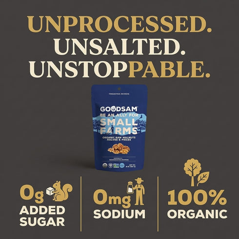 8oz (24oz Pack 3 GoodSAM Small Farms - Organic Raw Walnut Halves & Pieces - Pouch Total) Single Origin - Sourced from