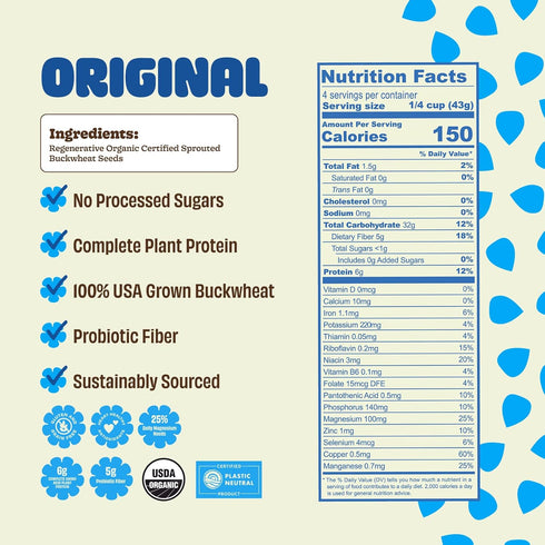 1 Pack) Lil Bucks Sprouted Regeneratively Grown Buckwheat Seeds Paleo Cereal, Gluten-Free Granola, High in Protein, Low