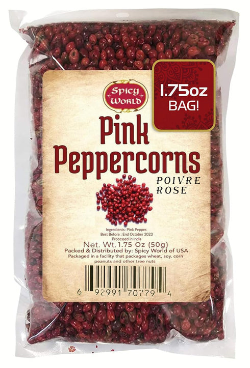 Spicy World Whole Pink Peppercorns, 1.75Oz Bag - Premium Quality, Vegan, Steam Sterilized