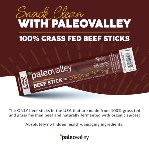 100% Summer Paleovalley Grass Fed Sausage Beef Sticks - Delicious Gluten Free Beef Snack - High Protein Keto Friendly