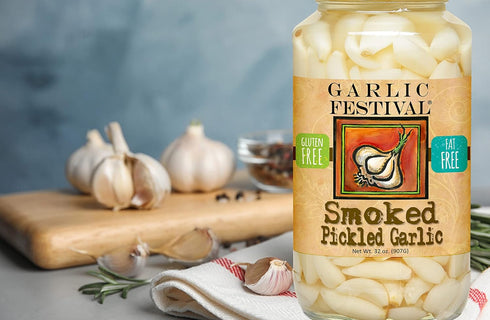 32 oz. Garlic Festival Foods Smoked Pickled Garlic Cloves in a Jar - Smoked Pickled Garlic - Fresh Garlic Cloves