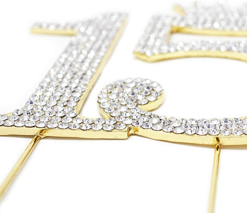 Number 15 Quinceanera Rhinestone Princess Crown Monogram Cake Topper, Sweet 15th Birthday Party (Gold)