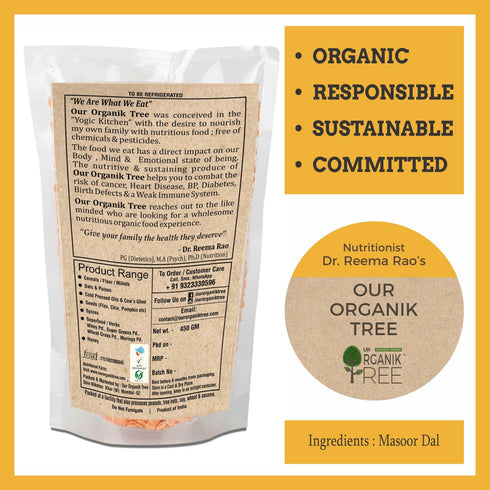 Our Organik Tree 100 500 (17.64 OZ) % organic Masoor Dal / Red Lentil Gms