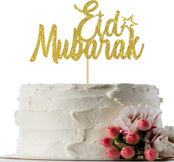 Eid Mubarak Cake Topper - Gold Glitter Ramadan Kareem Decorations for Eid Festival Anniversary Party