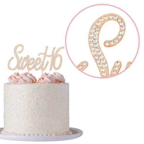 16 Cake Topper - Premium Rose Gold Metal - Sweet 16 Birthday Party Sparkly Rhinestone Decoration