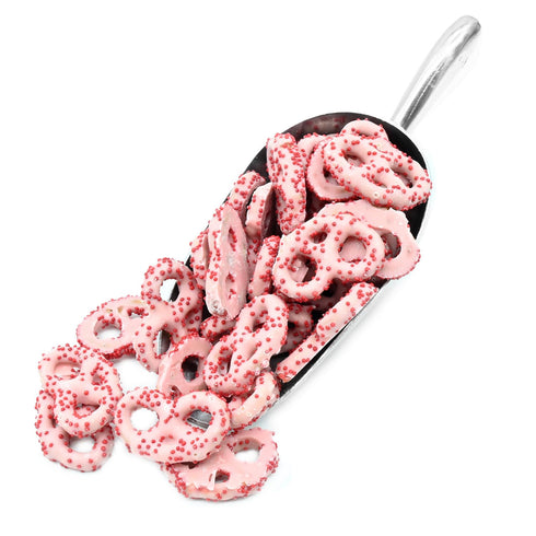 1 Lb Valentine's Day Strawberry Yogurt Covered Pretzels with Red Nonpareils, Pink, Jar