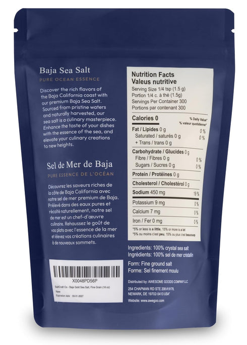 30% 16 oz SALTCRAFT Baja Sea Salt Fine Grain, Kosher Certified, Lower Sodium, Unrefined Mineral Salt Bag