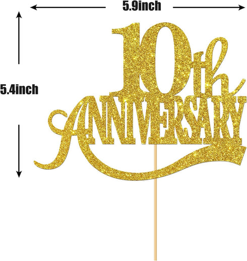 Gold Glitter 10th Anniversary Cake Topper - Happy 10th Wedding Anniversary / Birthday Party Decorations